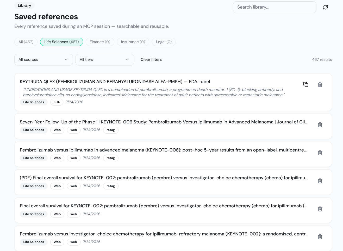 VarsaAI Saved References library filtered by Life Sciences showing 467 verified sources
